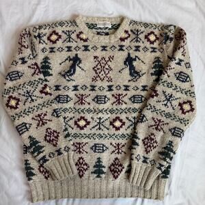 Vintage Upbeat Beige, Winter Ski Print, Crewneck Sweater- M/L